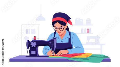 Crafting Dreams: A meticulous seamstress, immersed in her craft, sits at a vintage sewing machine, bringing vibrant fabrics to life in a cozy atelier.