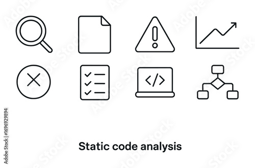Static Code Icons. Outline icon set of Static code analysis: magnifying glass, file, warning, graph, error,
