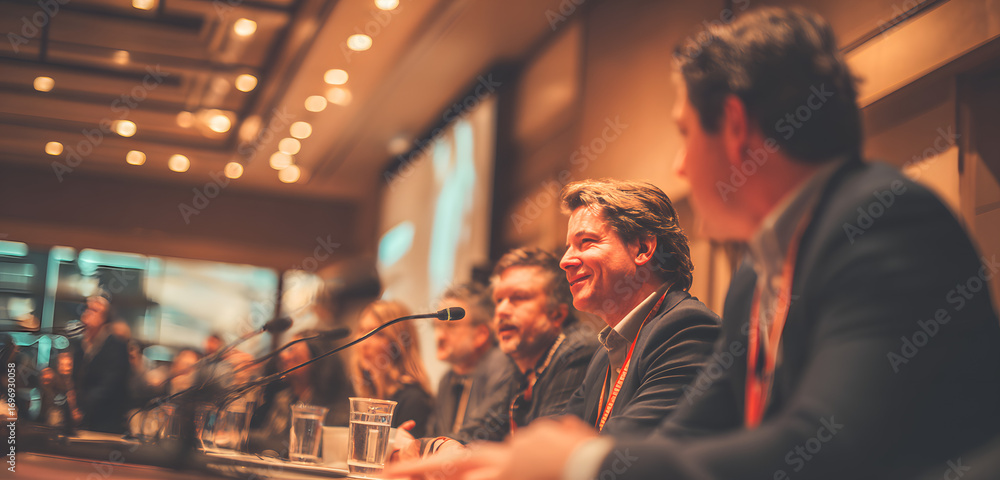 custom made wallpaper toronto digitalInterview and round table discussion at business conention and presentation. Adience at the conference hll. Business and entreprenurship symposium.
