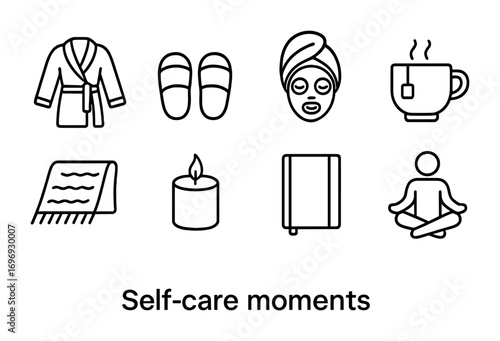 Self-care Icons Grid. Outline icon set of Self-care moments: bathrobe, slippers, face mask, cup of tea, cozy