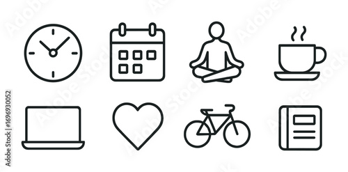Work-Life Balance Icons. Outline icon set of Work-life balance shift: clock, calendar, yoga pose, coffee cup,