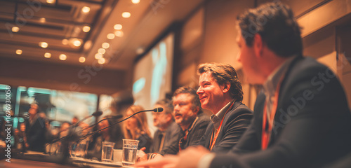 Wallpaper Mural Interview and round table discussion at business conention and presentation. Adience at the conference hll. Business and entreprenurship symposium. Torontodigital.ca