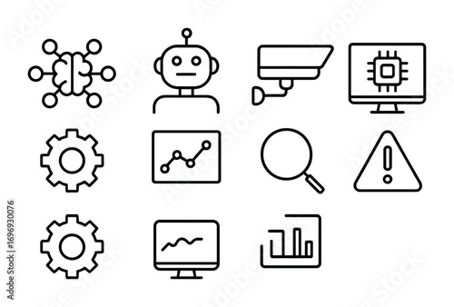 AI Inspection Icons. Outline icon set of AI-powered inspection: neural network, robot, camera, computer, gear,