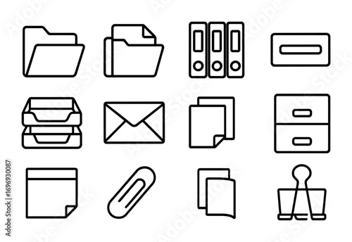 Office Organization Icons. Outline icon set of Paper organization: folders, binders, labels, document tray,