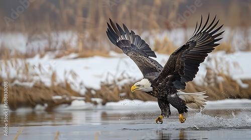 Fototapeta Naklejka Na Ścianę i Meble -  Illustration of a majestic bald eagle takes flight over a tranquil river in winter, its powerful wings spread wide as it emerges from the water, creating a splash