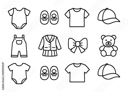 Children's Clothing Icons. Outline icon set of children’s clothing design: baby romper, small shoes, t-shirt,
