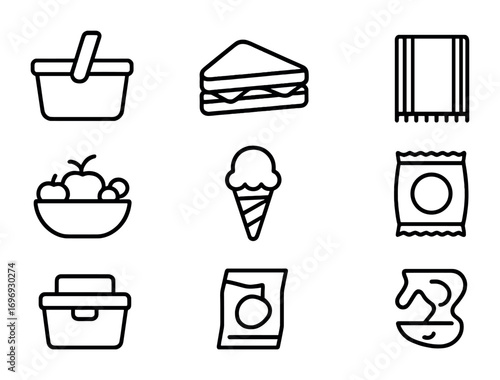 Beach Picnic Icons. Outline icon set of summer picnic on the beach: picnic basket, sandwich, juice bottle,