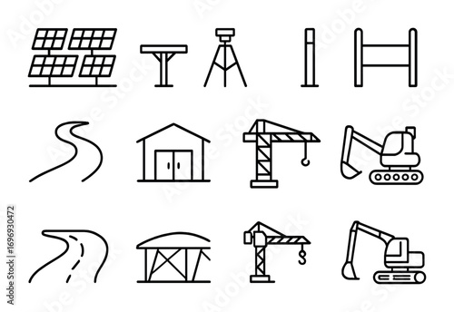 Solar Farm Icon Set. Outline icon set of solar farm construction: rows of solar panels, ground mounts,