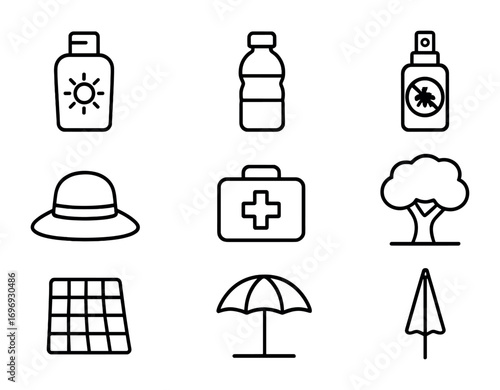 Picnic Safety Icons. Outline icon set of picnic safety: sunscreen bottle, water bottle, insect repellent, hat,