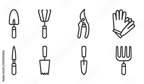 Garden Tool Icons. Outline icon set of garden hand tools with gloves: trowel, hand rake, pruner, dibber, bulb