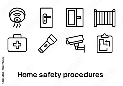 Home Safety Icons. Outline icon set of home safety procedures: smoke alarm, door lock, window lock, baby gate,