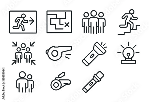Emergency Icons Collection. Outline icon set of emergency evacuation: exit sign, evacuation map, group of