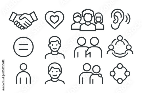 Respect Icons Grid. Outline icon set of respect in workplace culture: handshake, speech bubble with heart,