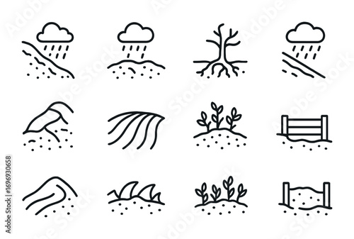 Soil Erosion Icons. Outline icon set of soil erosion from weather: hillside erosion, bare soil, tree roots
