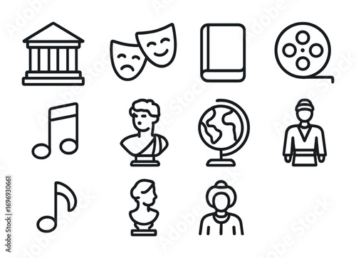 Cultural Icon Set. Outline icon set of cultural exploration: museum building, theater mask, book, film reel,
