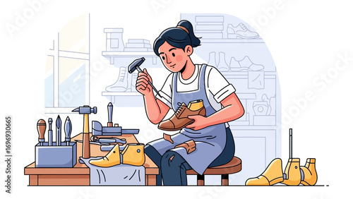 Artisan Crafting Footwear: An artisan meticulously crafts footwear, shaping a shoe with precision and passion in a detailed illustration of craftsmanship.