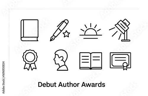 Author Awards Icons. Outline icon set of debut author awards: single book, pen with star, rising sun,