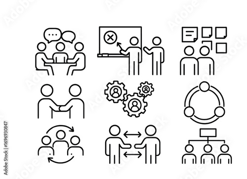 Team Learning Icons. Outline icon set of team learning from mistakes: group discussion, whiteboard, sticky