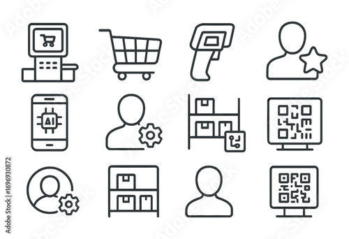 AI Retail Icons. Outline icon set of AI in retail: self-checkout machine, shopping cart, product scanner,