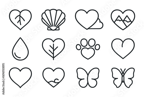 Nature-Inspired Heart Icons. Outline icon set of nature-inspired hearts: heart-shaped leaf, seashell heart,