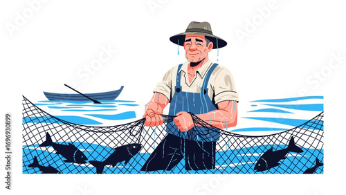 Fisherman and His Catch: An illustration shows a dedicated fisherman, knee-deep in tranquil water, carefully collecting his fresh catch with his fishing net, a boat quietly waits in background.