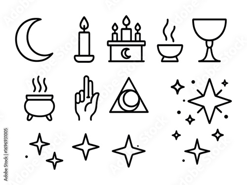 Moonlit Ritual Icons. Outline icon set of moonlit rituals: crescent moon, candle, altar, chalice, incense,
