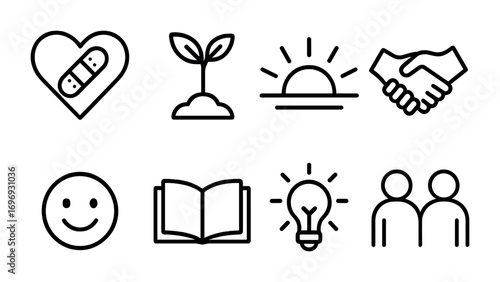 Forgiveness and Growth Icons. Outline icon set of forgiveness and growth: heart with bandage, sprout, sunrise,