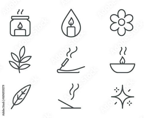 Aromatherapy Icon Set. Outline icon set of aromatherapy candles: jar candle, essential oil drop, diffuser,