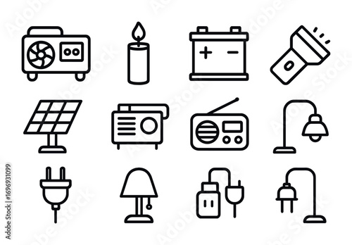 Power Outage Icons. Outline icon set of power outage readiness: generator, candle, battery, flashlight, solar