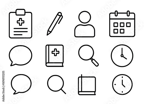Medical Icon Collection. Outline icon set of medical history taking: clipboard, pen, patient figure, calendar,