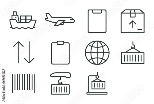 Import Export Icons. Outline icon set of import and export agreements: cargo ship, airplane, package, arrows,