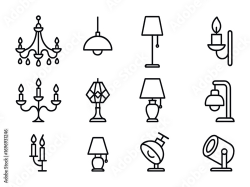 High-End Lighting Icons. Outline icon set of high-end lighting: chandelier, pendant lamp, floor lamp, wall