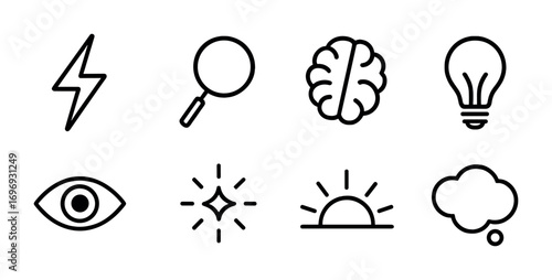 Sudden Clarity Icons. Outline icon set of sudden clarity: lightning bolt, magnifying glass, brain, light bulb,