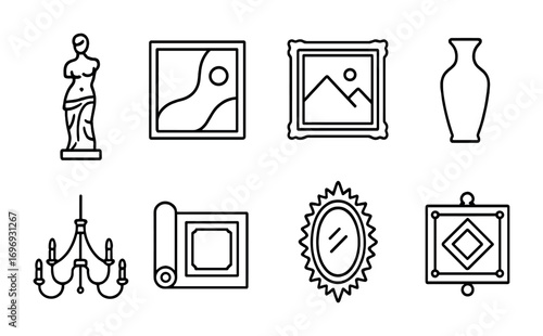 Luxury Art Icons. Outline icon set of luxury art pieces: sculpture, abstract painting, framed photo, vase,