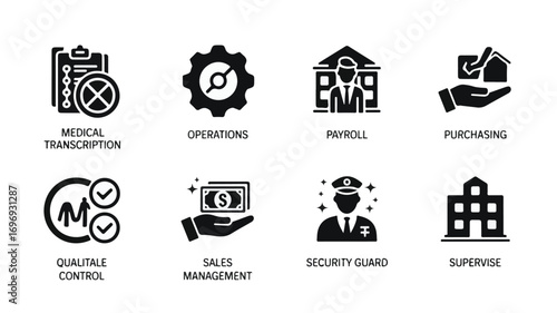 Business icons representing medical transcription operations payroll purchasing quality control sales management security guard supervise