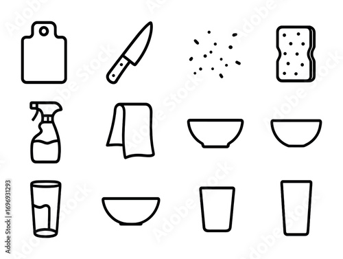 Post-Dinner Kitchen Icons. Outline icon set of kitchen counters after dinner: cutting board, knife, crumbs,