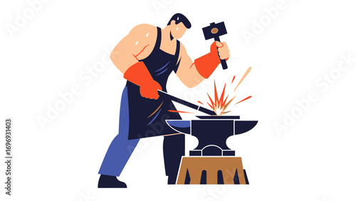 Forge of Creation: A blacksmith, with unwavering focus and strength, molds steel into shape using traditional techniques. The image captures the intense process of shaping iron at a forge.