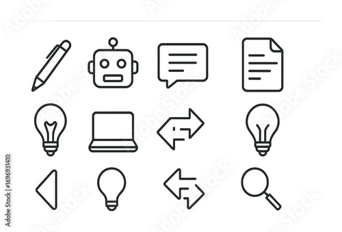 AI Writing Icons. Outline icon set of AI-powered writing assistants: pen, robot head, text bubble, document,