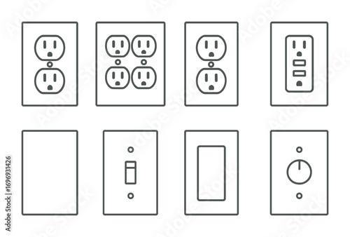 Wall Outlet Icons. Outline icon set of wall outlet and switch combos: outlet with switch, double outlet plate,