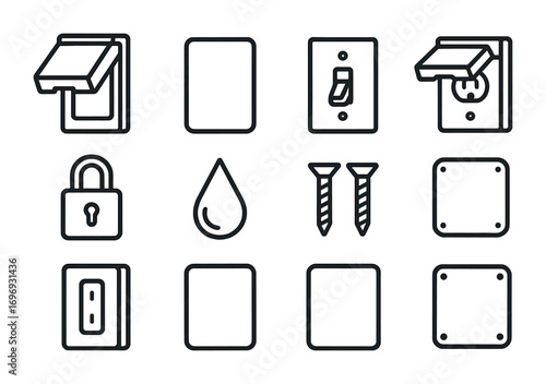 Outdoor Switch Plate Icons. Outline icon set of outdoor switch plates: weatherproof cover, rubber seal, toggle