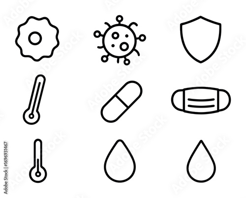 Infection Defense Icons. Outline icon set of fighting infection: white blood cell, bacteria, virus, shield,