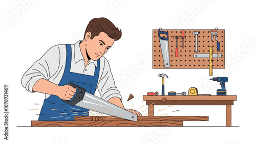 Craftsman at Work: A skilled craftsman meticulously saws a wooden plank, his focused energy evident, within a well-organized workshop, showcasing traditional craftsmanship.