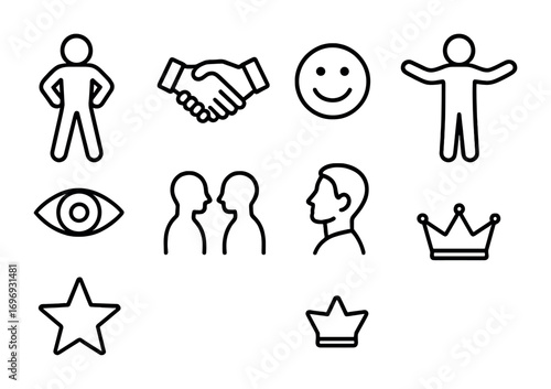 Confidence Icon Set. Outline icon set of body language confidence: strong posture figure, handshake, smile