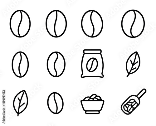 Coffee Beans Icon Set. Outline icon set of coffee beans variety: Arabica bean, Robusta bean, Liberica bean,