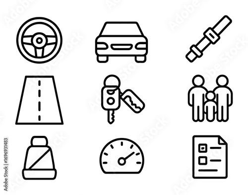 Test Drive Icon Set. Outline icon set of test driving a car: steering wheel, car, road, seatbelt, keys,