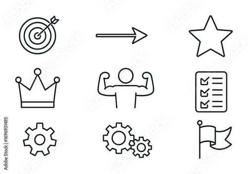 Self-Motivation Icon Set. Outline icon set of self-motivation: target, arrow, strong figure, star, crown,