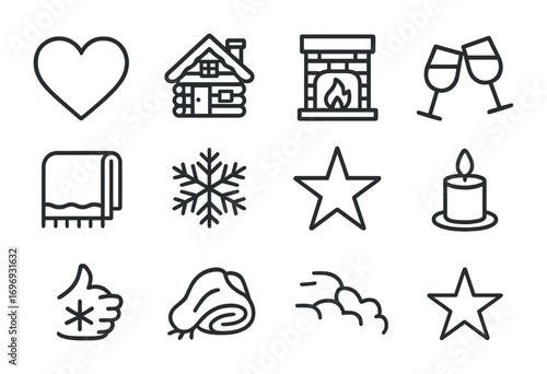 Cozy Winter Icons. Outline icon set of romantic winter getaways: heart, cabin, fireplace, wine glasses,