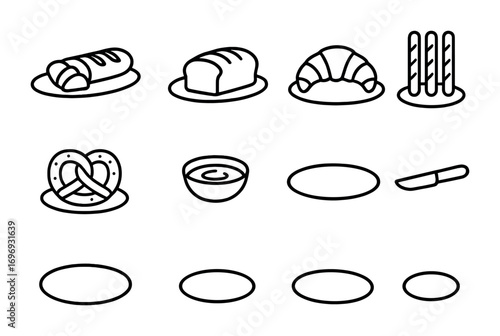 Bread Icon Set. Outline icon set of bread platters: sliced baguette, bread loaf, croissant, breadsticks,