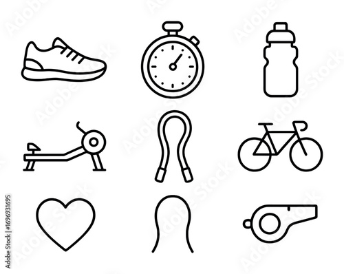 Endurance Exercise Icons. Outline icon set of endurance exercises: running shoe, stopwatch, water bottle,