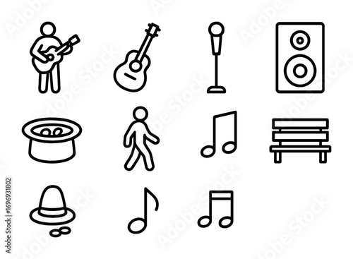 Street Music Icon Set. Outline icon set of street music performance: performer silhouette, guitar, microphone